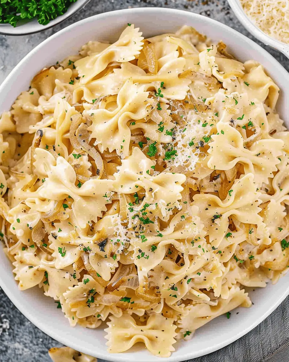 Creamy Caramelized Onion Pasta with Turkey Bacon and Chicken Ham