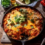One Skillet Cheesy Salsa Chicken Rice Bake