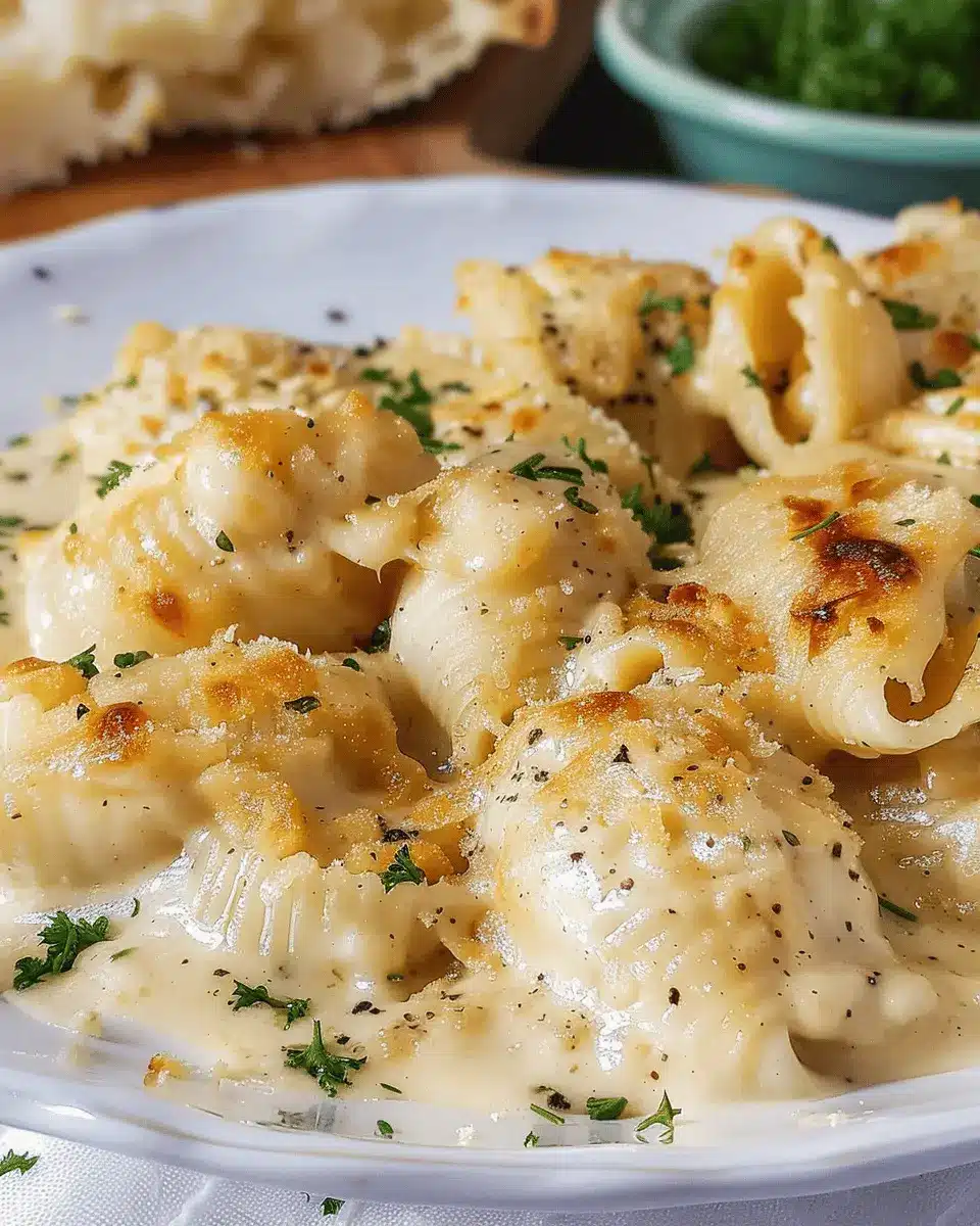 Creamy Garlic Alfredo Shells with Turkey Bacon and Chicken Ham Delight