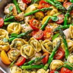 Spring and Summer DINNER: One-Pan Pesto Chicken, Tortellini, and Veggies, Asparagus, Tomatoes