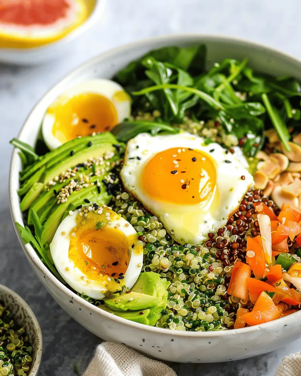 savory quinoa breakfast bowl with turkey bacon and fresh veggies