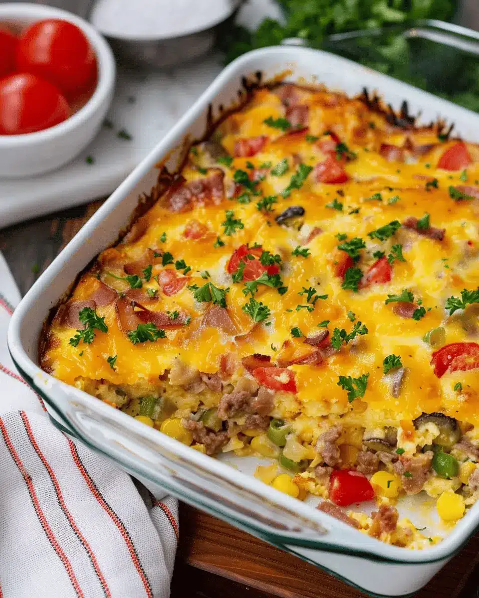High-Protein Breakfast Casserole with Turkey Bacon and Chicken Ham