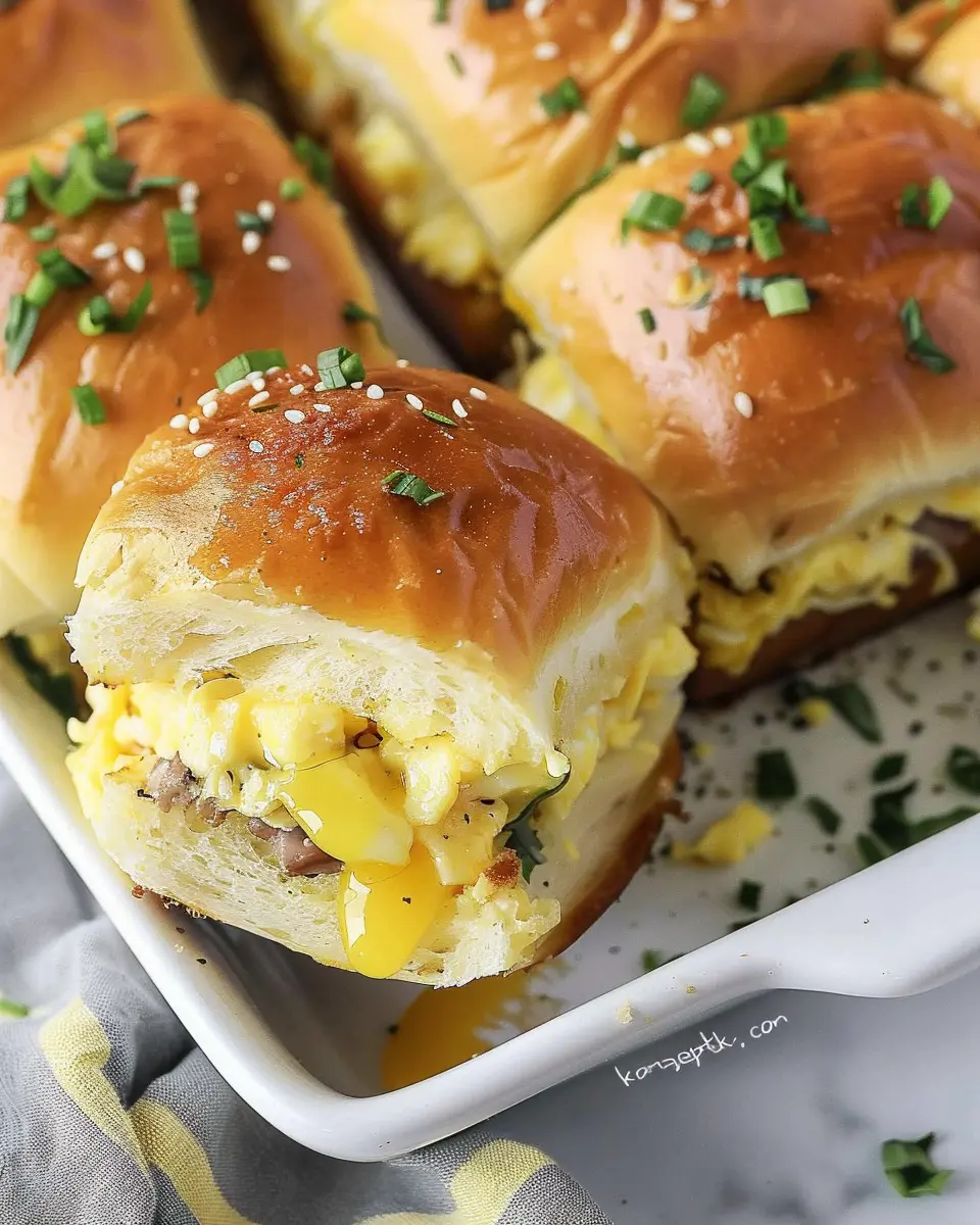 Hawaiian Roll Egg Breakfast Sliders with Turkey Bacon and Chicken Ham