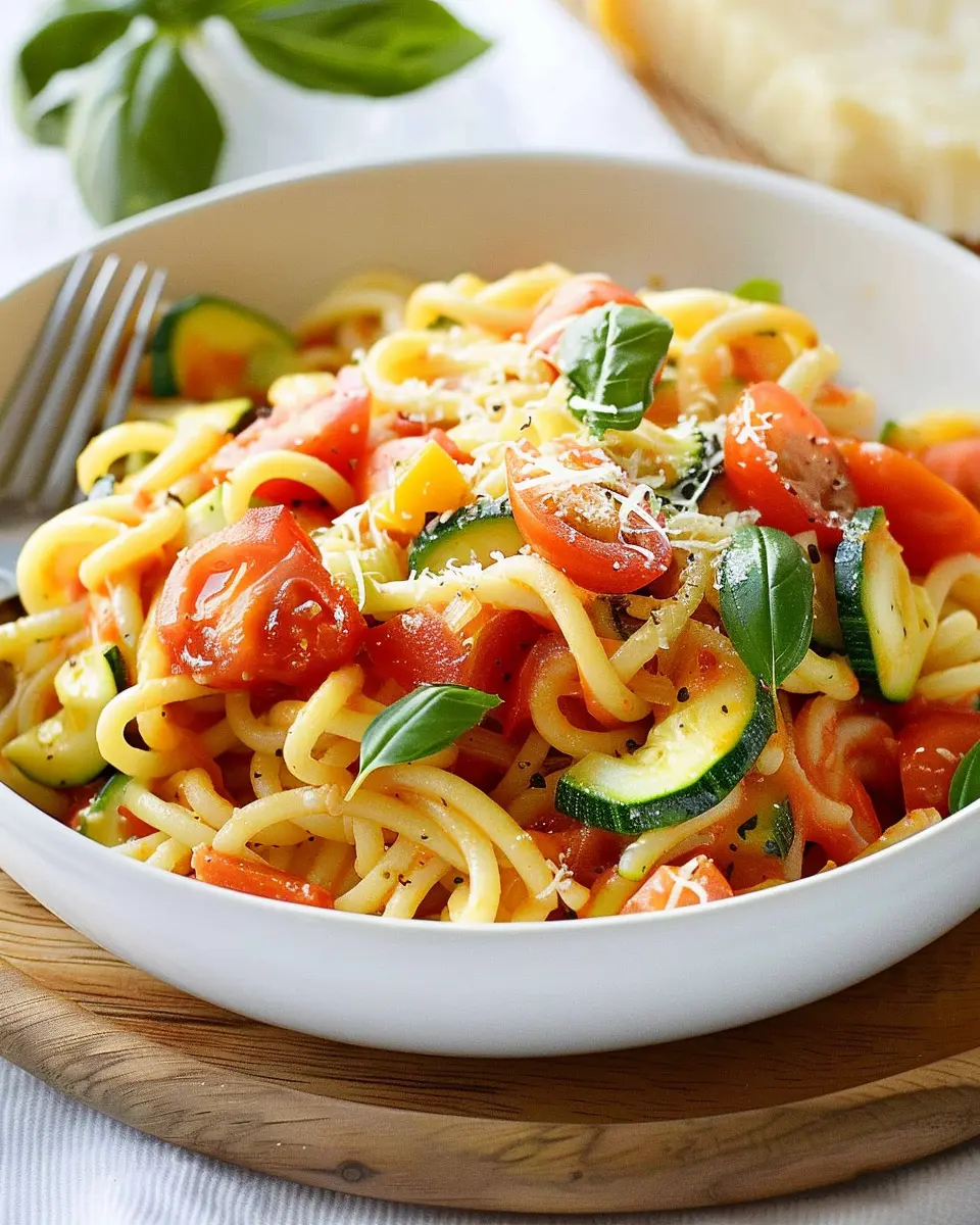 Best Weeknight Tomato Zucchini Pasta with Turkey Bacon Delight