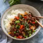 Spicy Ground Beef Stir-Fry Bowl with Garlic Veggies & Steamy Rice