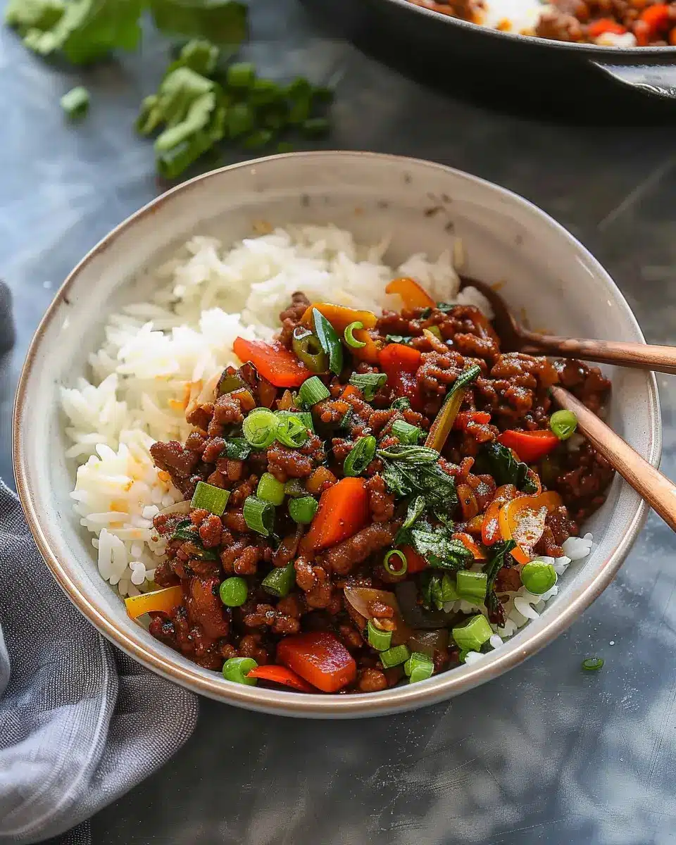 Spicy Ground Beef Stir-Fry Bowl with Garlic Veggies &amp; Steamy Rice