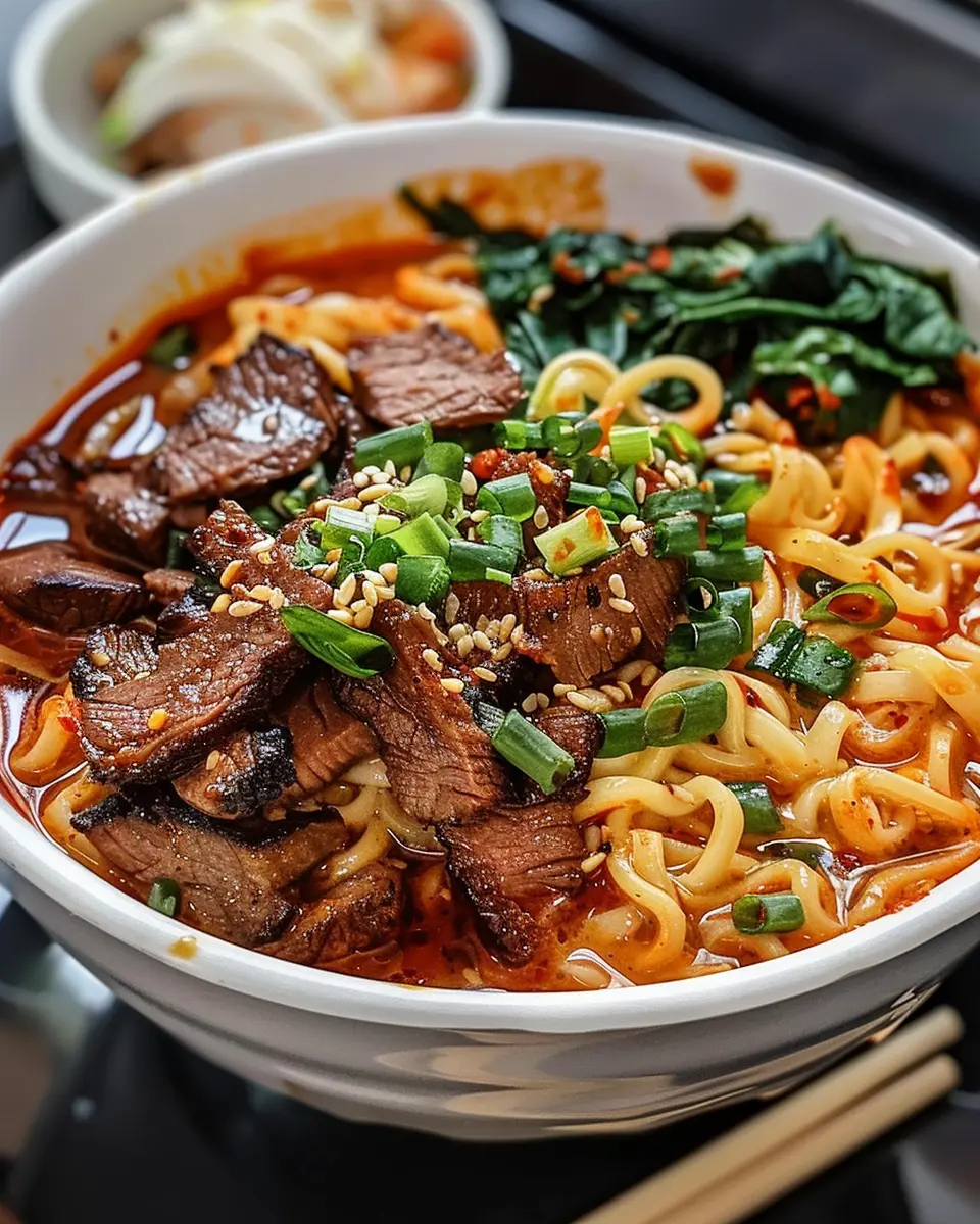 Spicy Korean Ramen with Grilled Beef &amp; Creamy Sauce