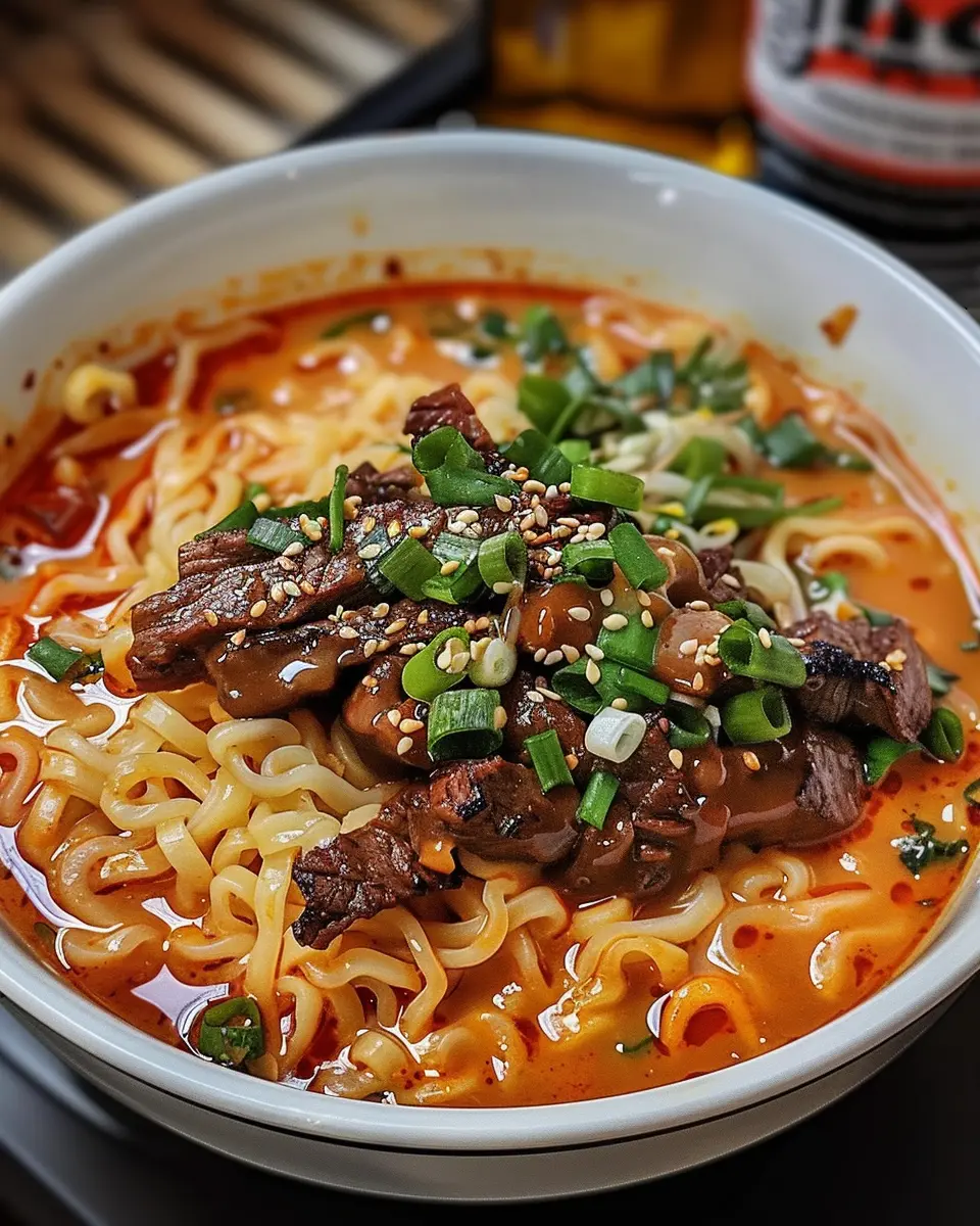 Spicy Korean Ramen: Indulgent Beef &amp; Creamy Sauce Delight