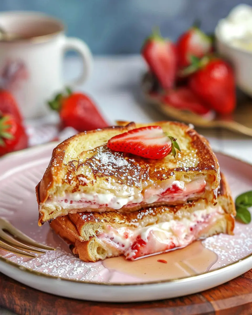 Strawberry Cream Cheese Stuffed French Toast Delight with Turkey Bacon