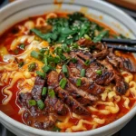Spicy Korean Ramen with Grilled Beef & Creamy Sauce