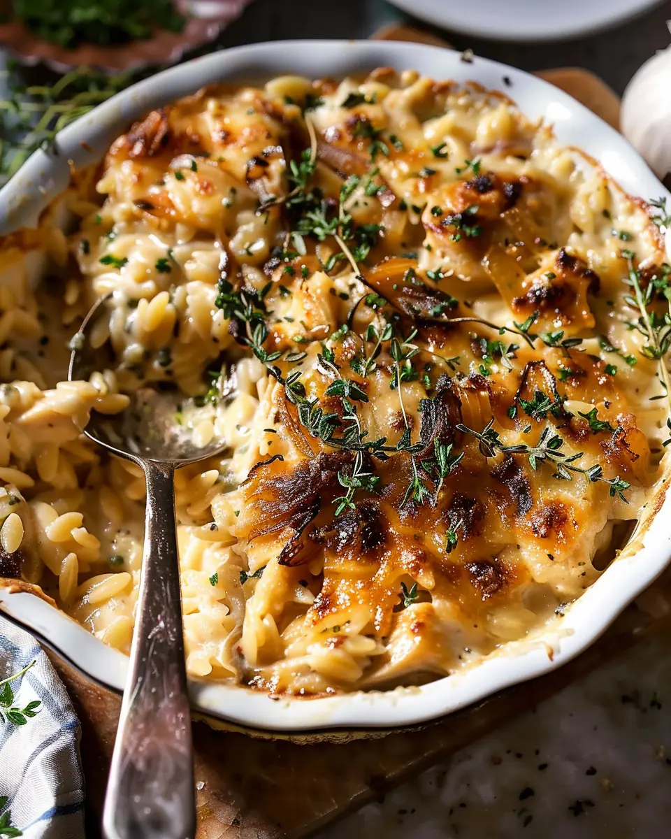 French Onion Chicken Orzo Casserole