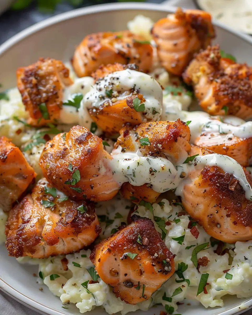 Air Fryer Salmon Bites with Garlic Cream Sauce