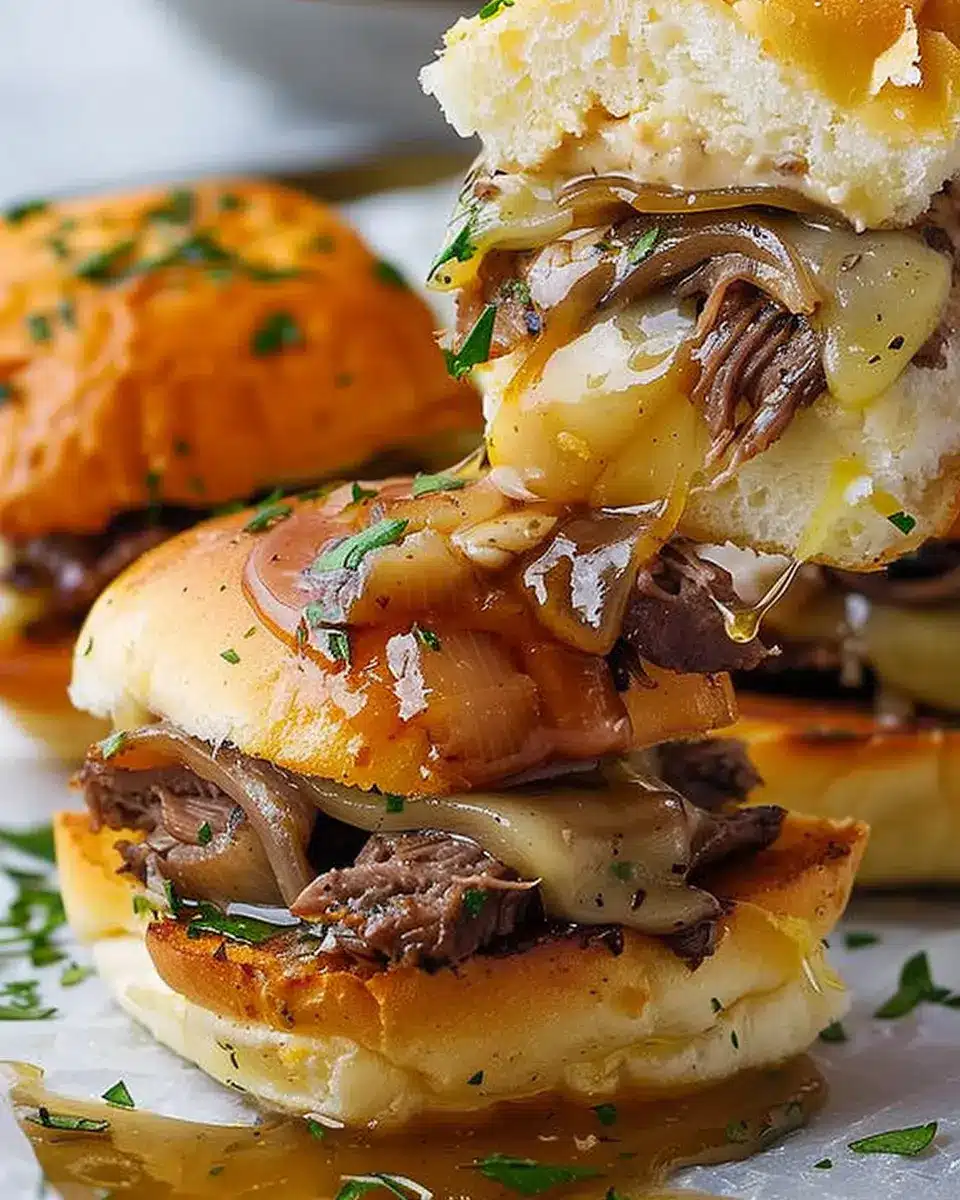 French Dip Sliders: Juicy Turkey Bacon and Chicken Ham Delight