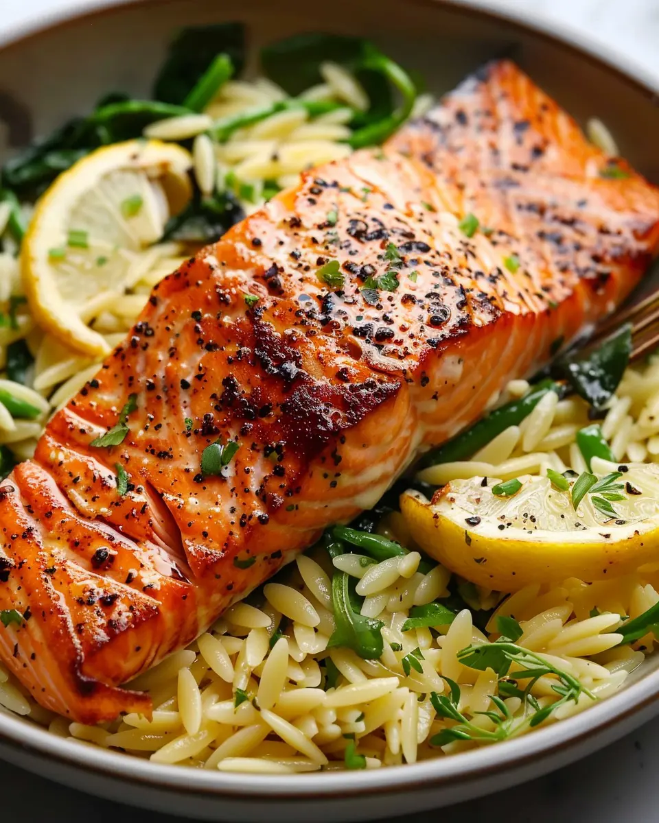 30-Minute Seared Salmon with Lemon Orzo
