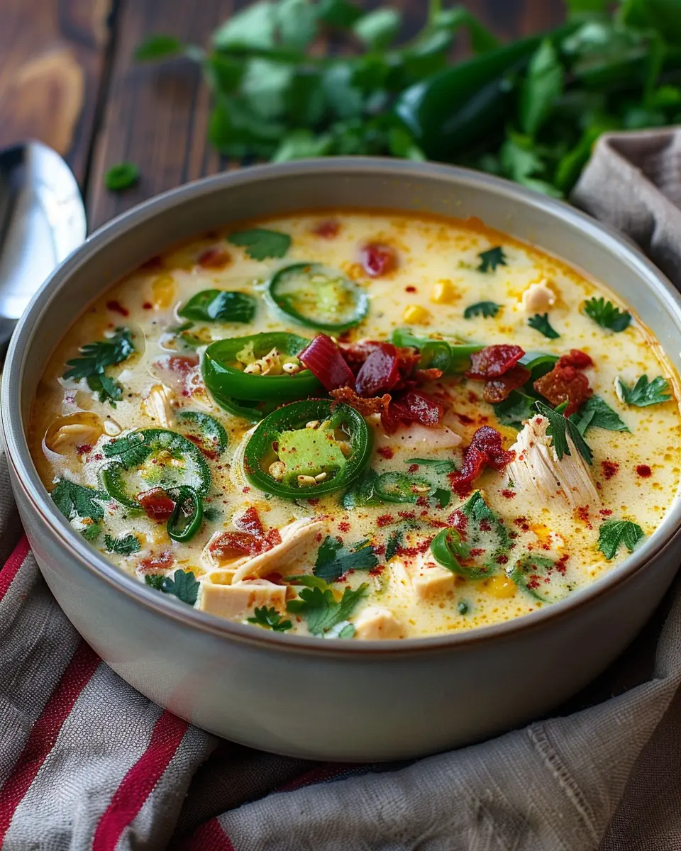 Spicy Jalapeño Popper Chicken Soup Recipe with Turkey Bacon Tips