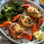 Lobster tails with creamy garlic butter sauce and roasted baby broccoli